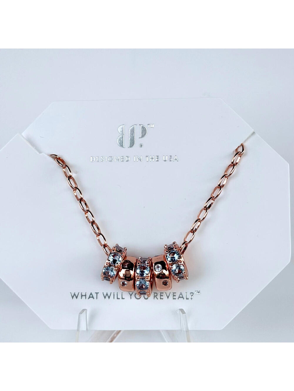 Bomb Party March Necklace "She's Destined For Success" Aquamarine on Rose Gold